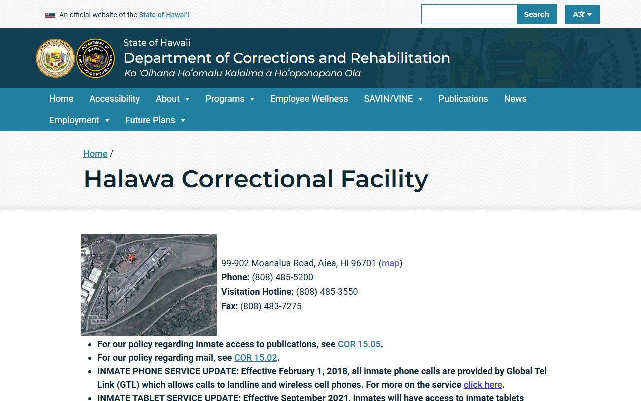 Halawa Correctional Facility official page for DCR prison custody context