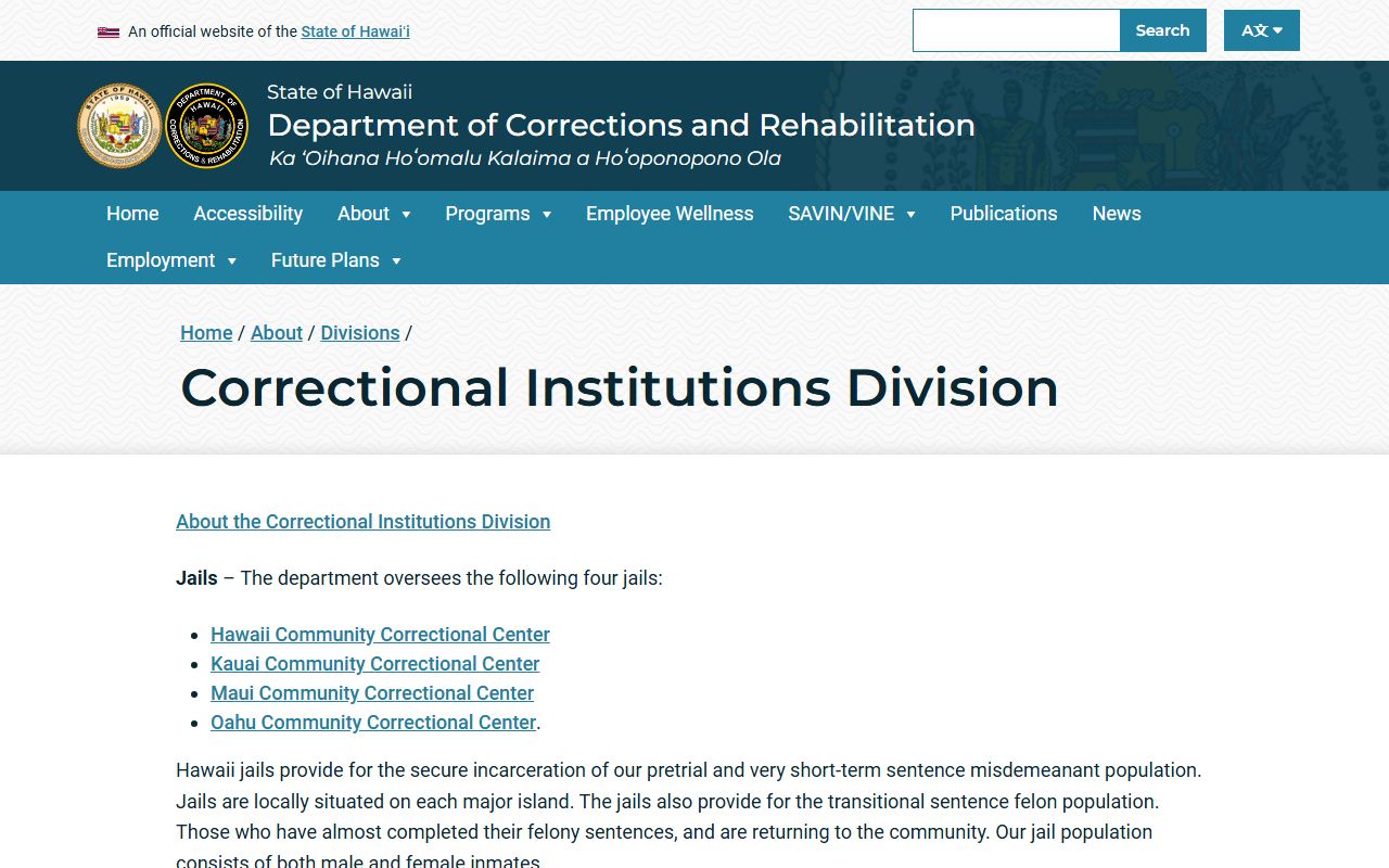 Hawaii DCR correctional institutions list showing jails prisons and Saguaro context
