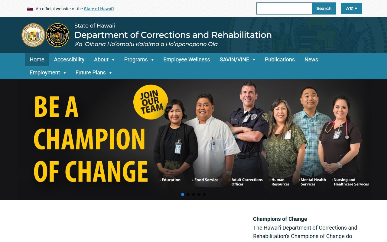Hawaii DCR official agency home page for statewide correctional information