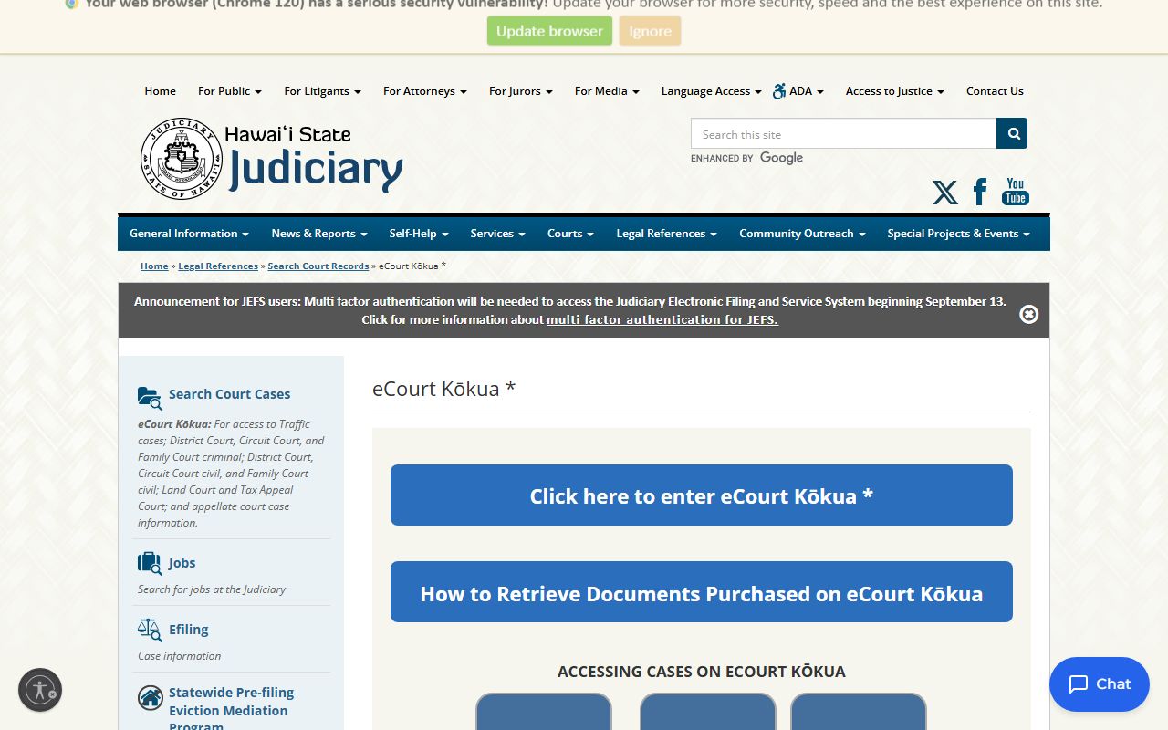 Hawaii Judiciary eCourt Kokua information page for statewide court case access