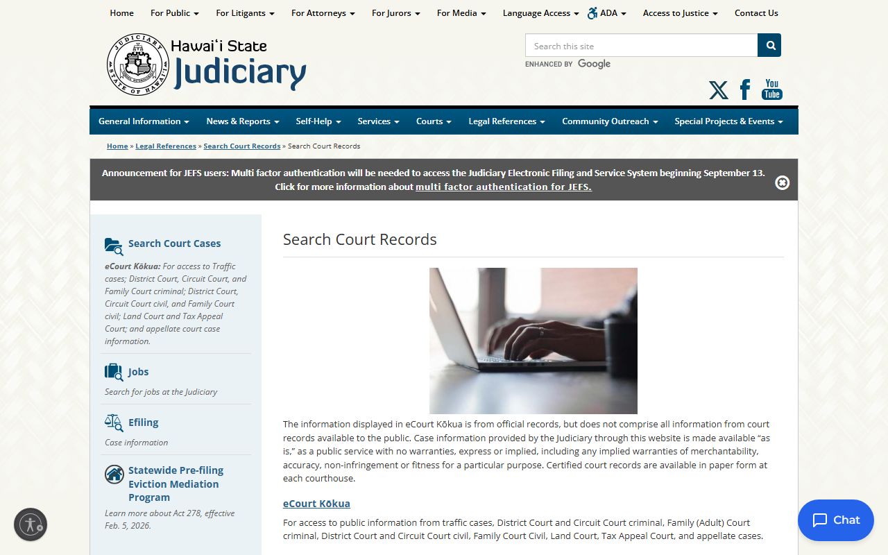 Hawaii Judiciary page explaining eCourt Kokua and certified court records