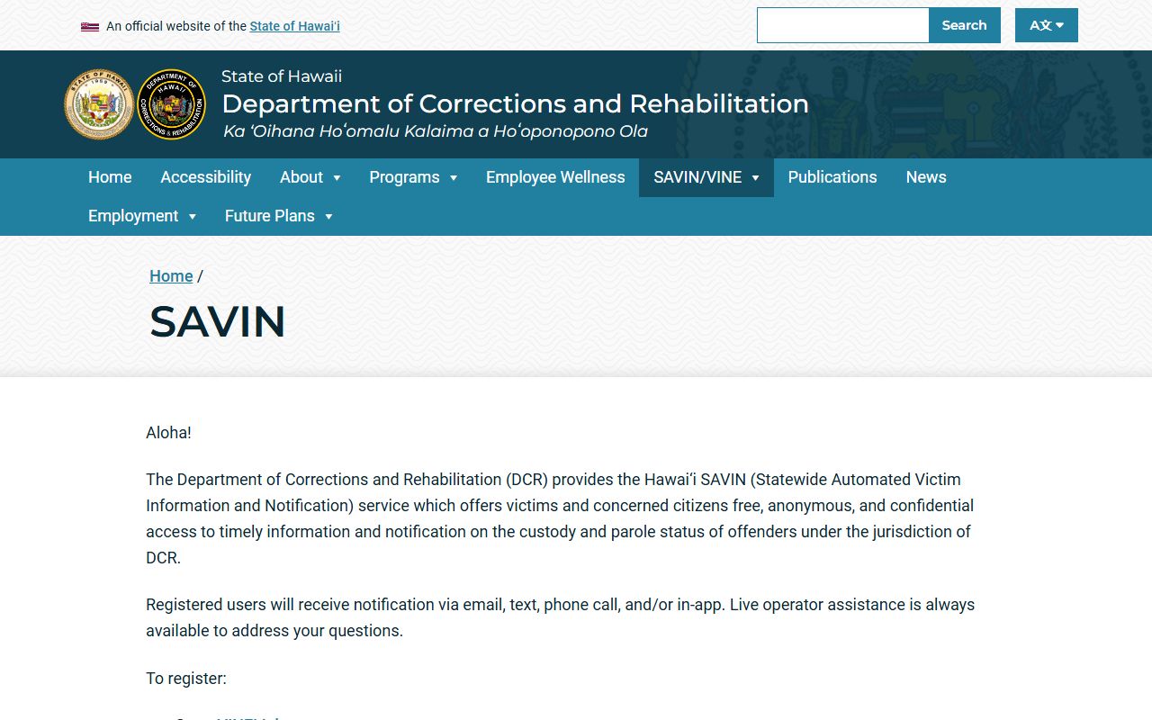 Hawaii SAVIN page explaining DCR custody and parole notification service