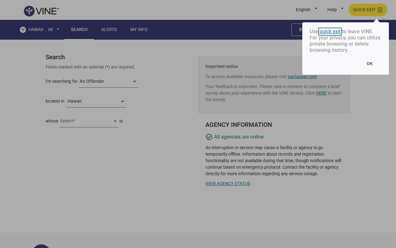 Hawaii VINELink person search interface for DCR custody and parole status