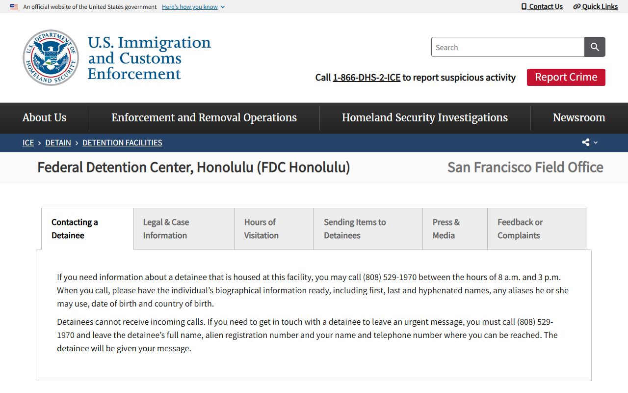ICE facility profile for Federal Detention Center Honolulu