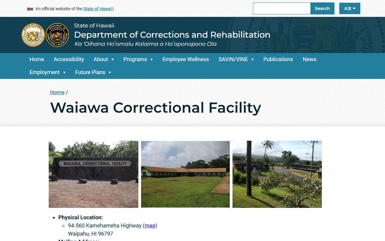 Waiawa Correctional Facility official DCR page for reentry programming